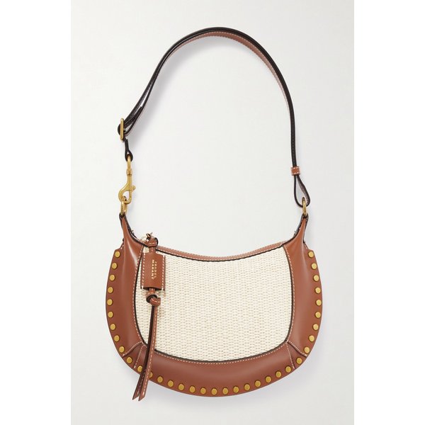 오스칸 문 스터드 가죽 트리밍 라피아 숄더백 탄 46376663162986560