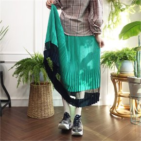 배색 밑단 매쉬 밴딩 플리츠 롱 주름 스커트n306 _P075068016