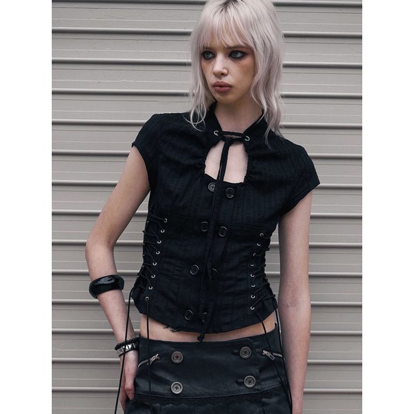 Double Lace Up Blouse (BLACK)