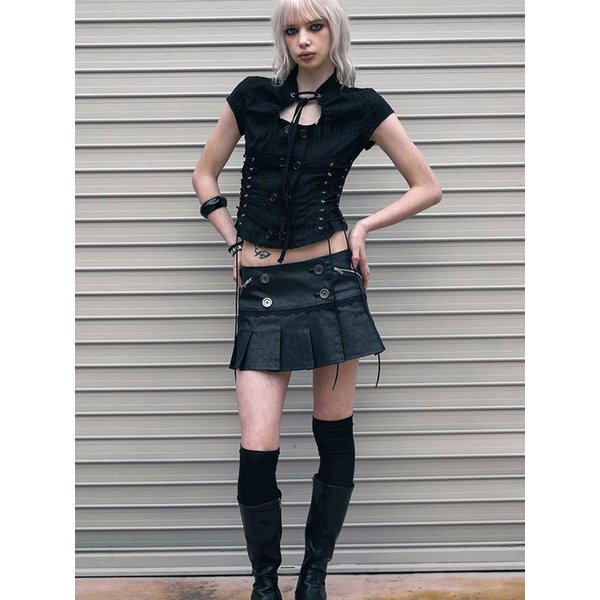 Double Lace Up Blouse (BLACK)