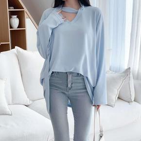 여성 브이넥 타이넥 긴팔 스판 티셔츠