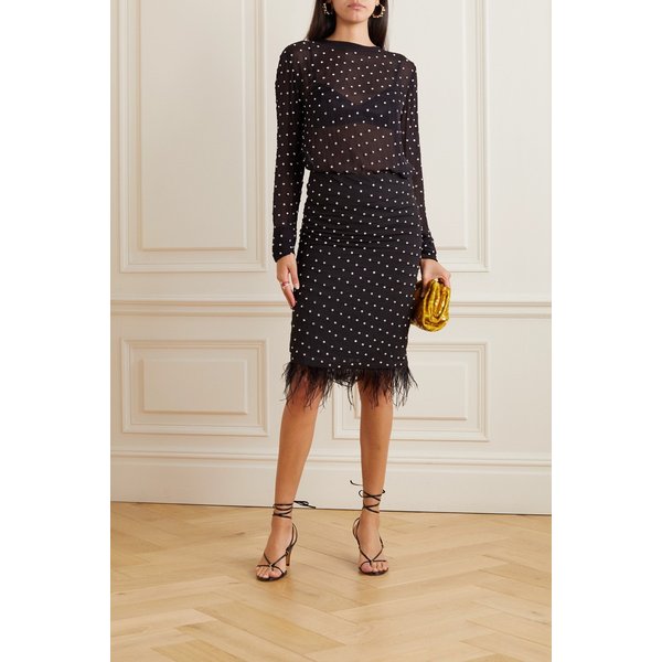 빅토르 인조 페더 트리밍 크리스털 장식 시폰 미디 스커트 블랙 1647597310365528