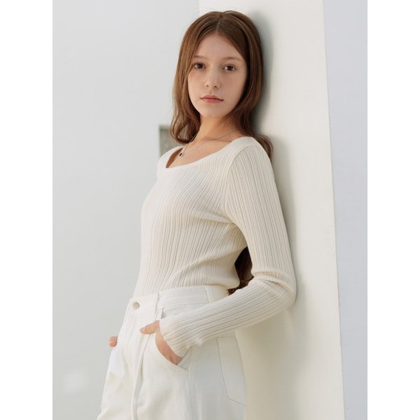 Square Neck Slim-Fit Ribbed Cable Knit (cream beige)