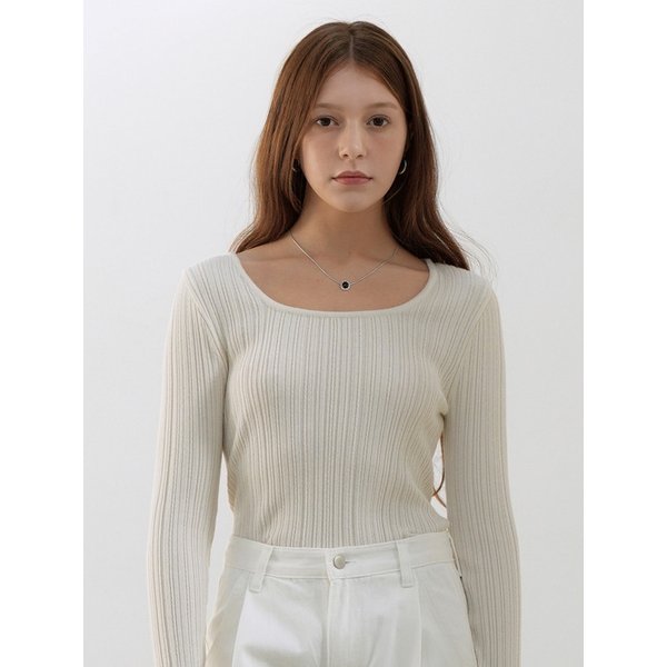 Square Neck Slim-Fit Ribbed Cable Knit (cream beige)