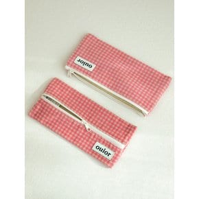 flat pencil case - corduroy cherry pink check(middle zipper)