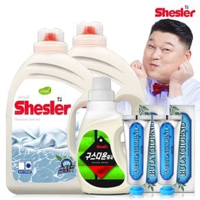 강호동의 쉬슬러 액상 세제 센스티브 3.05L 2개+구스다운워시전용 650ml 1개+치석케어 치약 100g 2개.