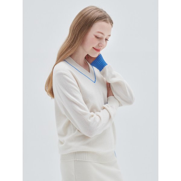 [M23WPU013] V-neck Color Point pullover (Ivory)