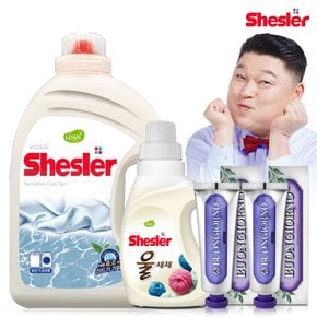 강호동의 쉬슬러 액상 세제 센스티브 3.05L 1개+울전용 650ml 1개+잇몸케어 치약 100g 2개.