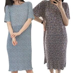 제이케이 여성 빅사이즈 여름 쿨원단 아이스 플라워 플리츠 주름 반팔원피스