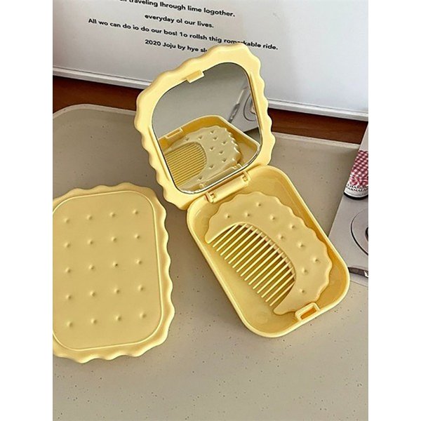 치즈 쿠키 엘로우 화장대 휴대용 소형 거울 빗 세트