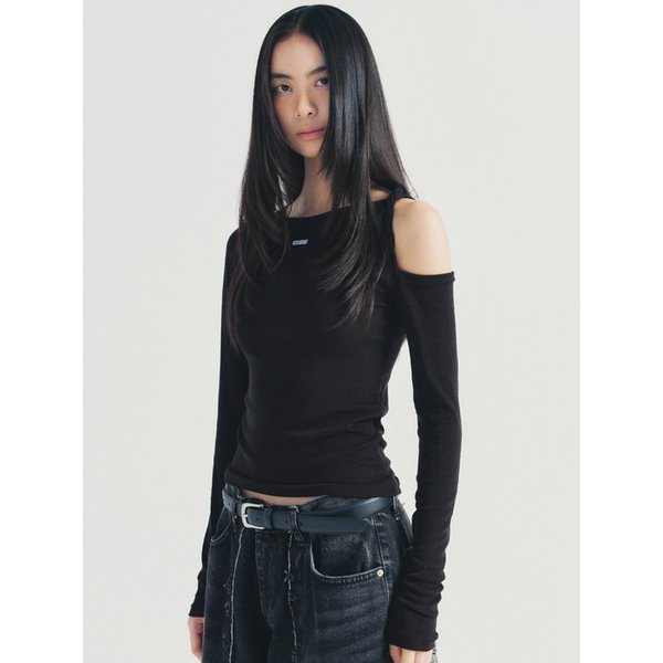 TWIST CUT OUT RIBBED SLEEVE TOP_BLACK