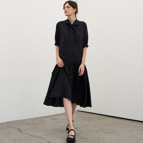 RIBBON SHIRRING DRESS_BLACK