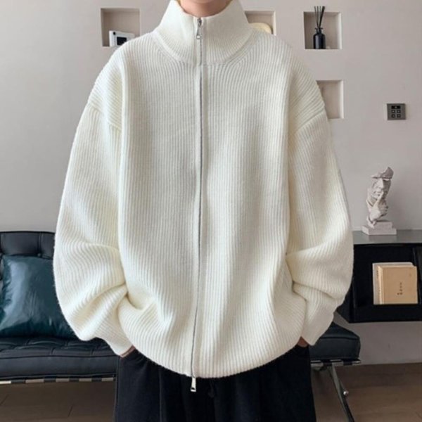 [옷자락] 남자 루즈핏 골지 스탠드넥 니트 집업 자켓