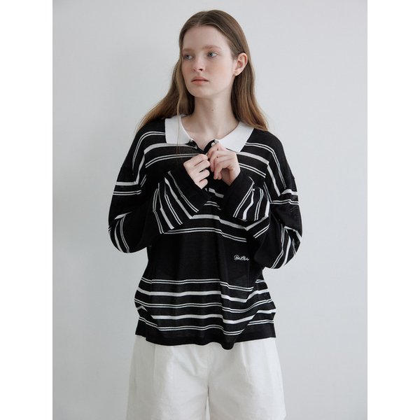 Button collar stripe knit [KNSS06KN05]_Black