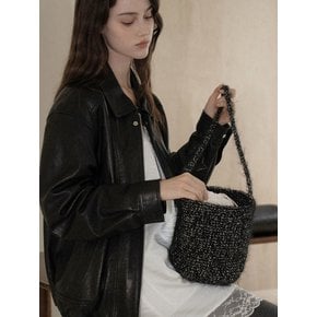 Handmade Crochet Metal Fur Low Bucket Bag _ Silver Black