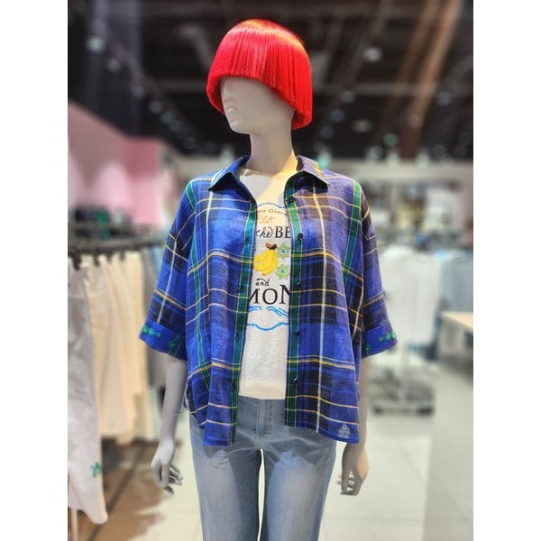 [부산점] 자수 커프스 린넨 체크 블라우스 BABLA2631BL