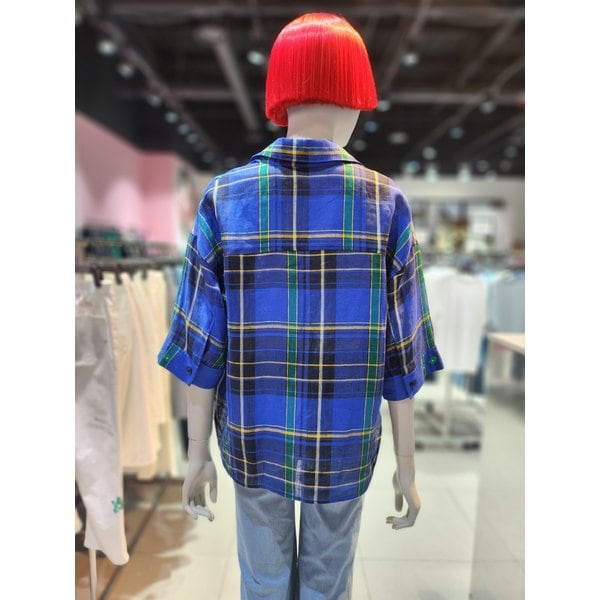 [부산점] 자수 커프스 린넨 체크 블라우스 BABLA2631BL