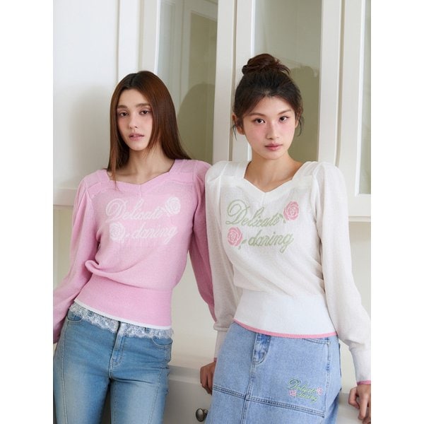 [BLUE LABEL] 로즈레터링 배색 하트넥 니트탑 ES2OKL01