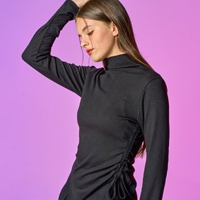 WOMEN 롱 허리셔링 리본 이너 니트 목티 [BLACK]