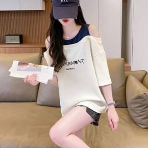 / NT2581 러블리 오프숄더 레터링 반팔 티셔츠