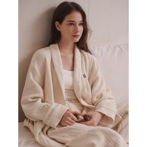 Cotton Stripe Piping Robe Pajama Set (ivory)