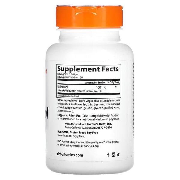 [해외직구] Doctor`s Best 닥터스베스트 유비퀴놀 카네카 코큐텐 100mg 60소프트젤 Ubiquinol with Kaneka`s QH -- 100 mg - 60 Softgels