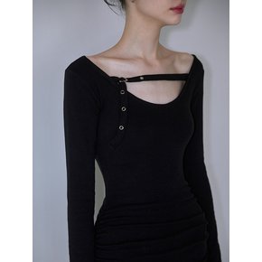 Eyelet Hood Shirring Mini Dress [Black]