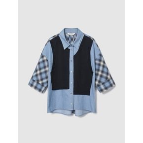 니트 우븐 믹싱 레이어드 블라우스 블루 AW2505455