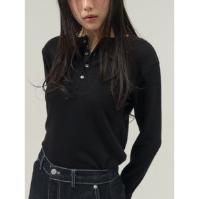 Stretch Rib Jersey Button Placket Top_Black