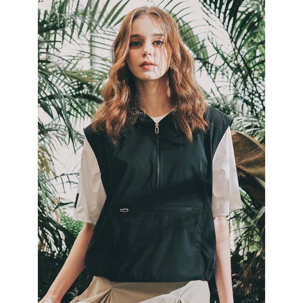 경량스판 오버핏 여성 빅포켓 후드 베스트 블랙