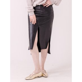 VEGAN LEATHER SLIT LONG SKIRT-BK