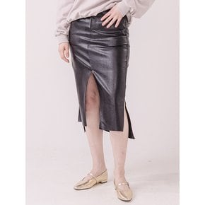 VEGAN LEATHER SLIT LONG SKIRT-BK