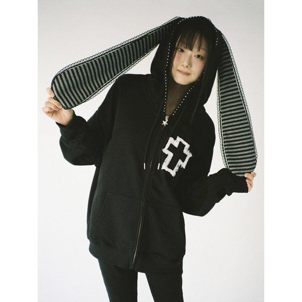 Cross Bunny Ear Zip-Up Hoodie - BLACK