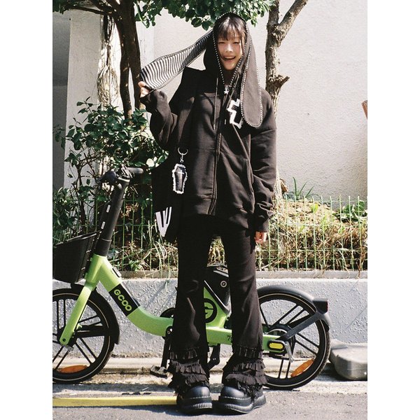 Cross Bunny Ear Zip-Up Hoodie - BLACK