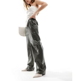 이스퀘어 4276673 Mango drawstring soft leather look pants in khaki