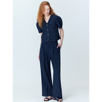 오프닝선샤인 Puff sleeve cropped jacket_two-tuck wide pants set_Navy