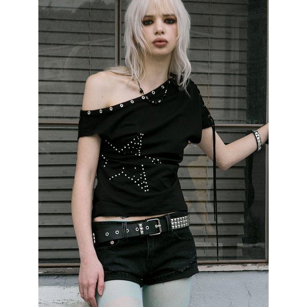 One Shoulder Lace Up Top (BLACK)