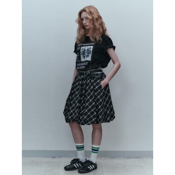 Rib Waist Balloon Skirt_Black Check