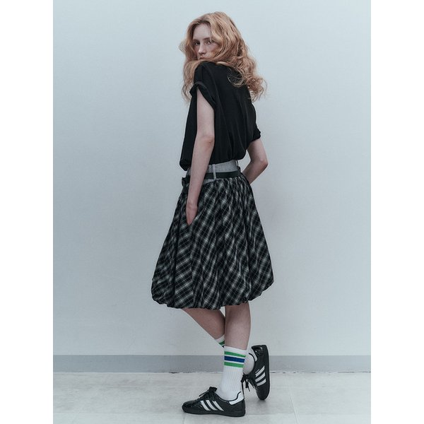 Rib Waist Balloon Skirt_Black Check