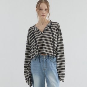 Cropped Stripe Loose Fit Collar Top_Black