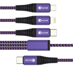 [ANAM] 아남 3way(USB_C)메탈 패브릭 충전 케이블 2M / 퍼플