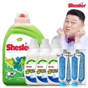 강호동의 쉬슬러 액상 세제 유칼립투스 3.05L 1개+실내건조전용 650ml 3개+치석케어 치약 100g 2개.