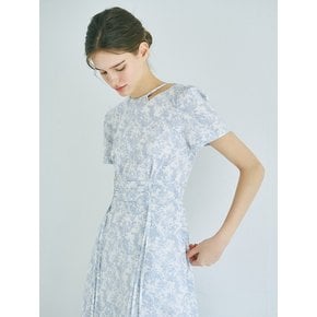 Neck Cut-Out Shirring Dress, Light Blue