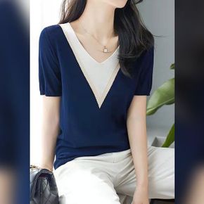 카뮤 배색 반팔 니트_P365056859