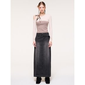 Wide Belt Long Denim Skirt, Black