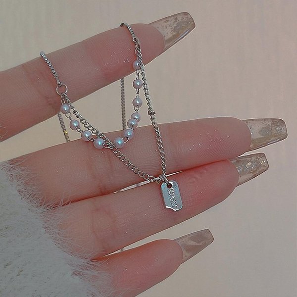 [옷자락] 여성 진주장식 레이어드 더블체인 패션 팔찌