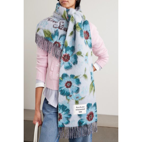 프린지 아플리케 플로럴 프린트 브러시드 울 블렌드 스카프 46376663162904425