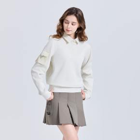[온라인단독] 여성 우븐포켓 카라넥 긴팔 기모 티셔츠 크림 CHE4WLT5815CR