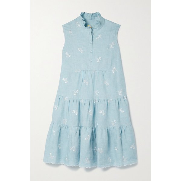 포르토 티어드 자수 리넨 미니 드레스 블루