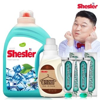 아토세이프 강호동의 쉬슬러 액상 세제 후레쉬 3.05L 1개+홈드라이전용 650ml 1개+구취케어 치약100g 2개.